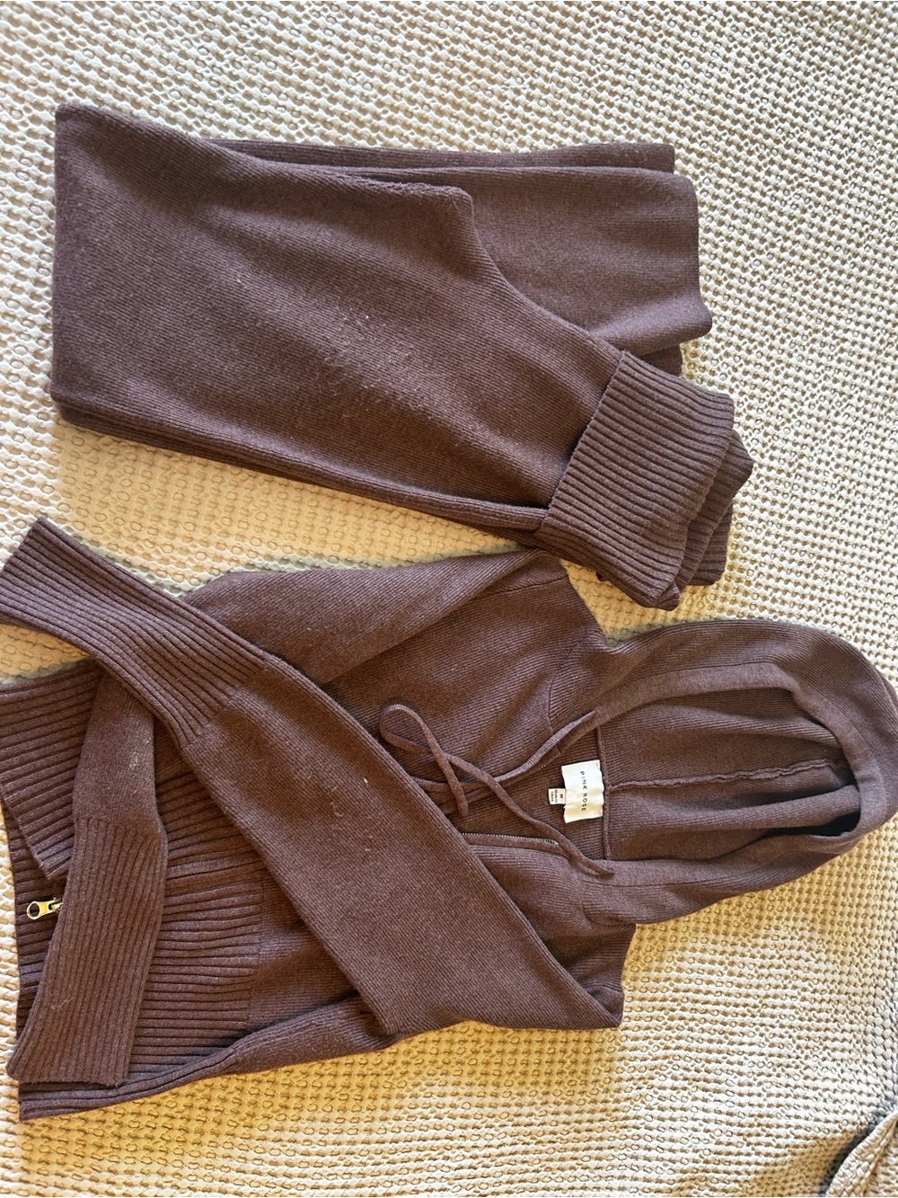 Pink Rose Brown Hooded Cowl Knit Sweater